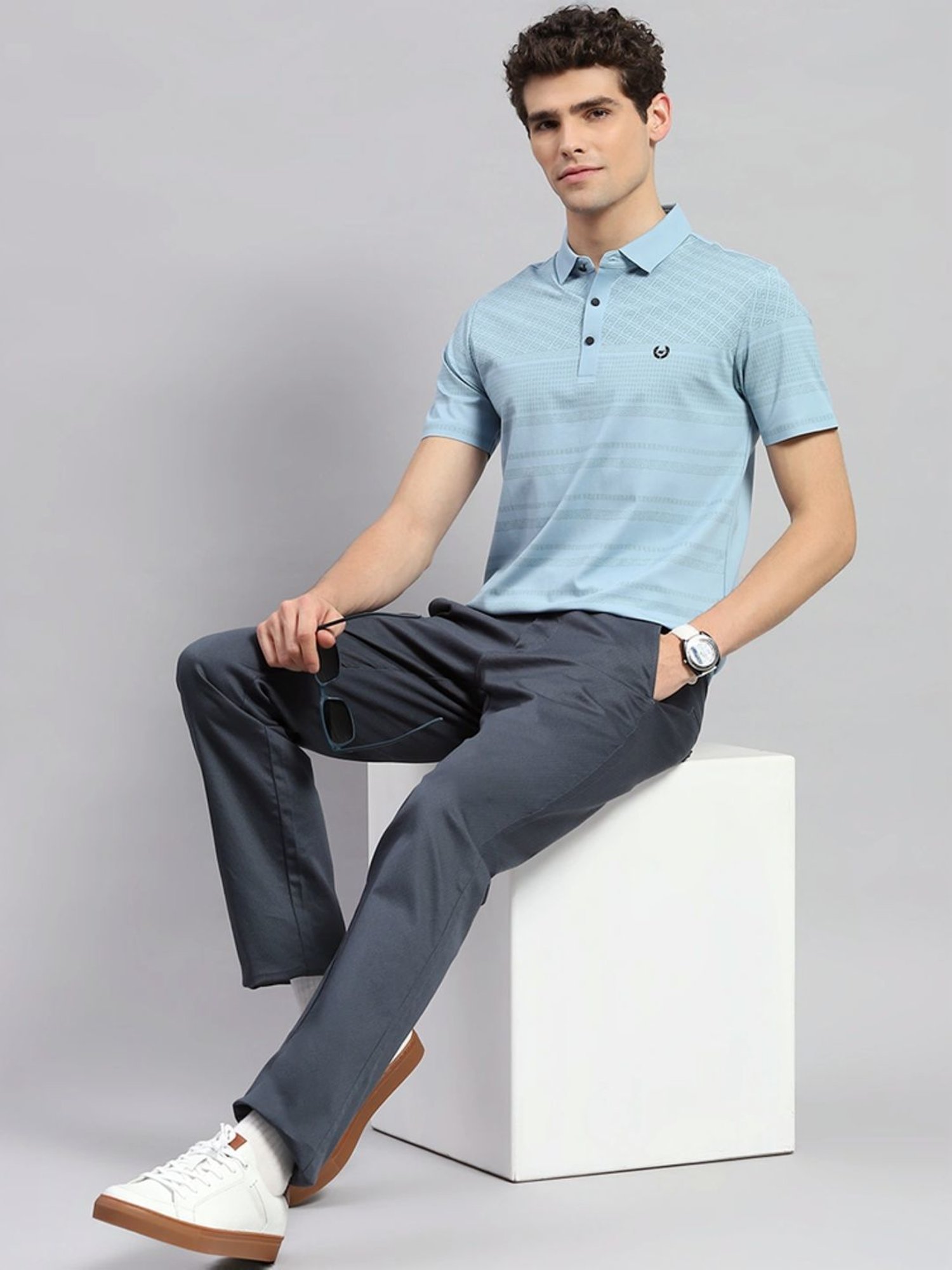 Monte Carlo Sky Blue Regular Fit Printed Polo T-Shirt