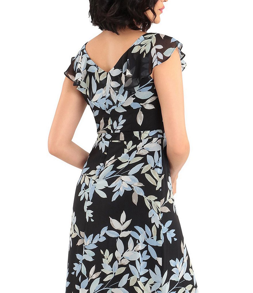 London Times Floral Print Chiffon Faux Wrap Flounce Hem Midi Dress