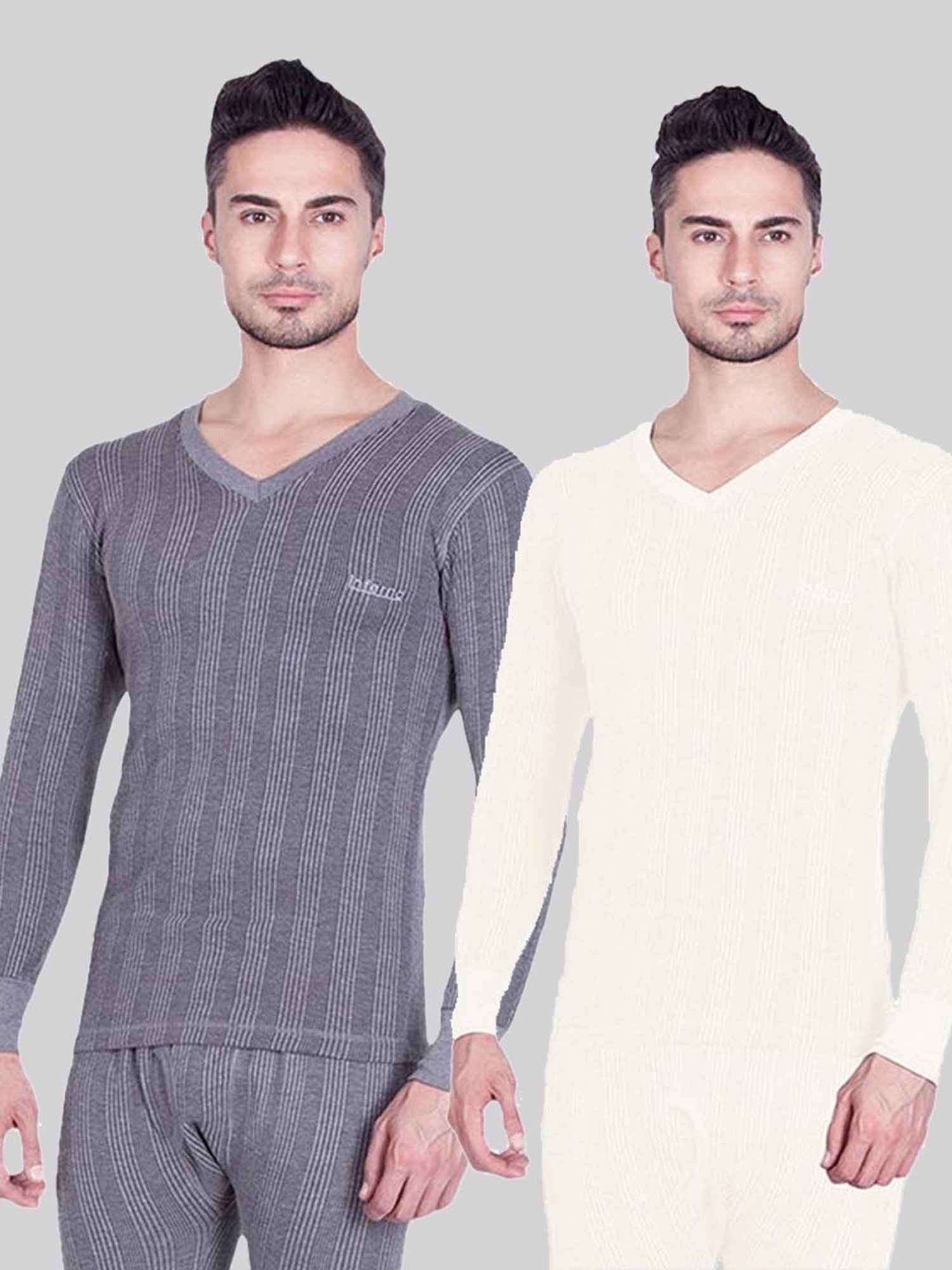 LUX Inferno Grey & White Skinny Fit Striped Thermal Top - Pack of 2