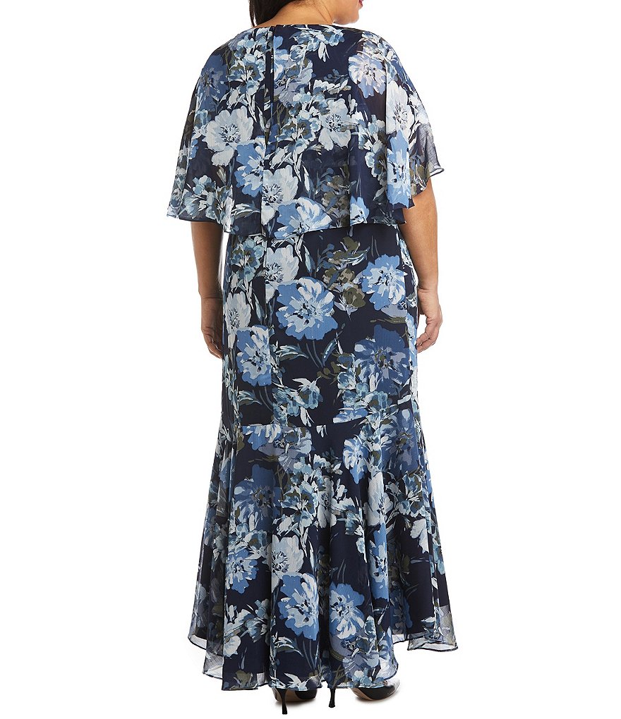 R & M Richards Plus Size V-Neck Short Flutter Sleeve Floral Hi-Low Capelet Dress