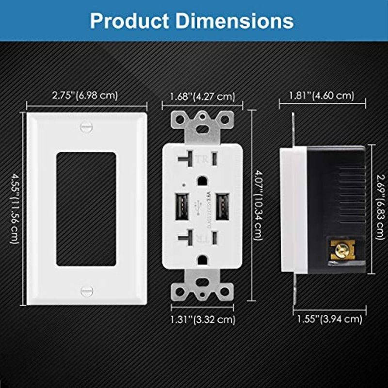 [2 Pack] BESTTEN 3.6A Dual USB Receptacle Outlet with 20 Amp AC Outlets, Smart Chip USB Charger, Wallplate Included, UL Listed, White
