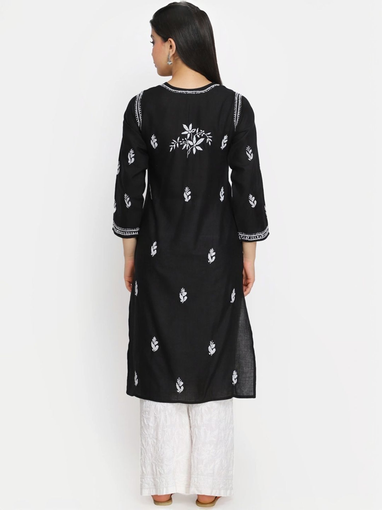 PARAMOUNT CHIKAN Black Cotton Hand Embroidered Chikankari Straight Kurta