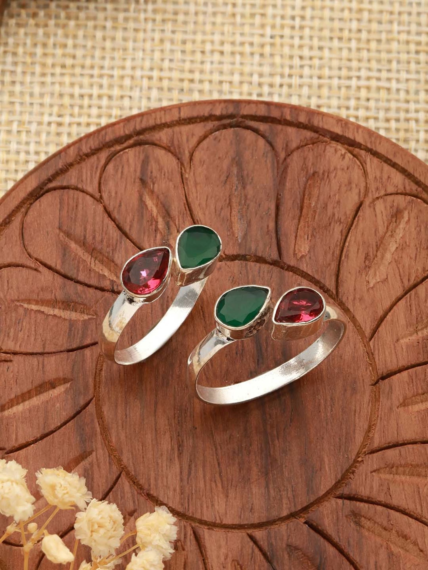 Saraf RS Jewellery Silver Toned Red & Green Stone Studded Adjustable Toe Rings - Set of 2