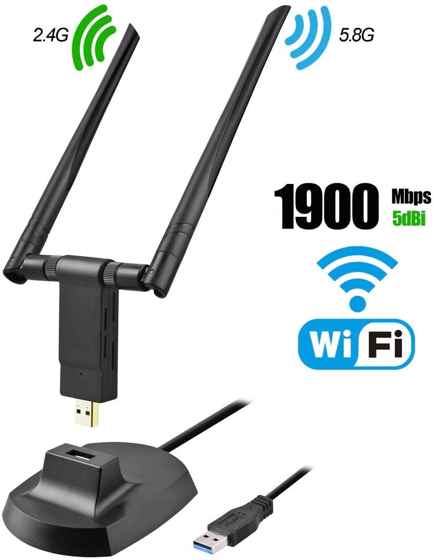 USB WiFi Adapter, 1900Mbps Dual Band 2.4GHz/600Mbps 5.8GHz/1300Mbps High Gain 5dBi Antennas USB 3.0 Wireless Network Adapter for PC Desktop Laptop with Windows 10/8/7/XP/Vista, Mac OS