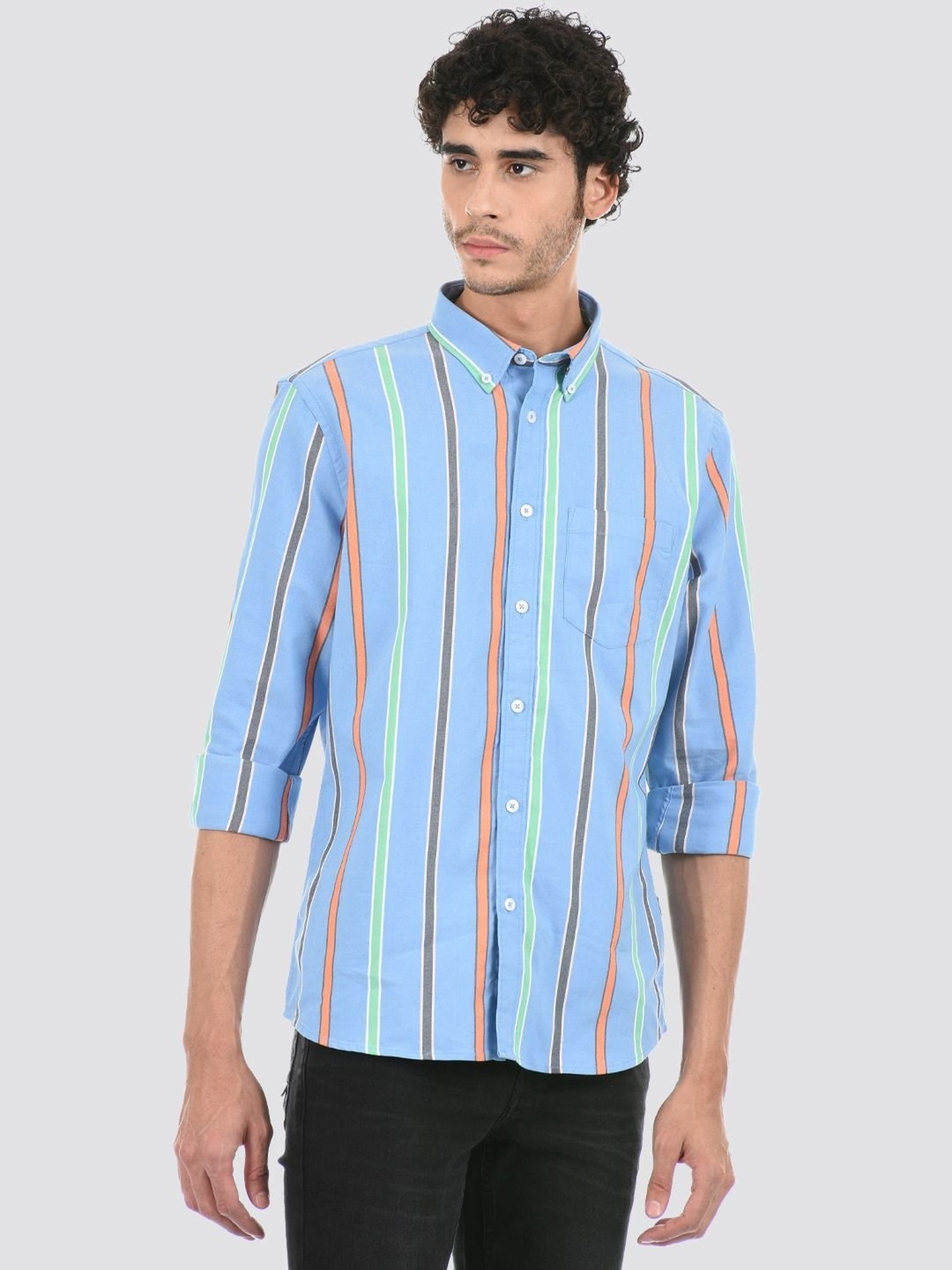 London Fog Blue Regular Fit Striped Shirt