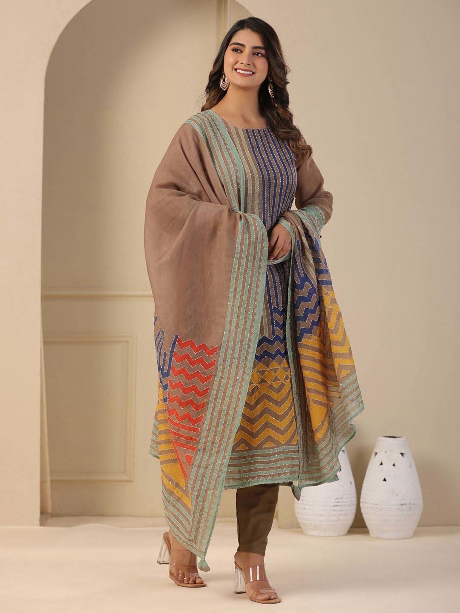 Fashor Brown & Blue Cotton Striped Kurta & Pant Set With Dupatta