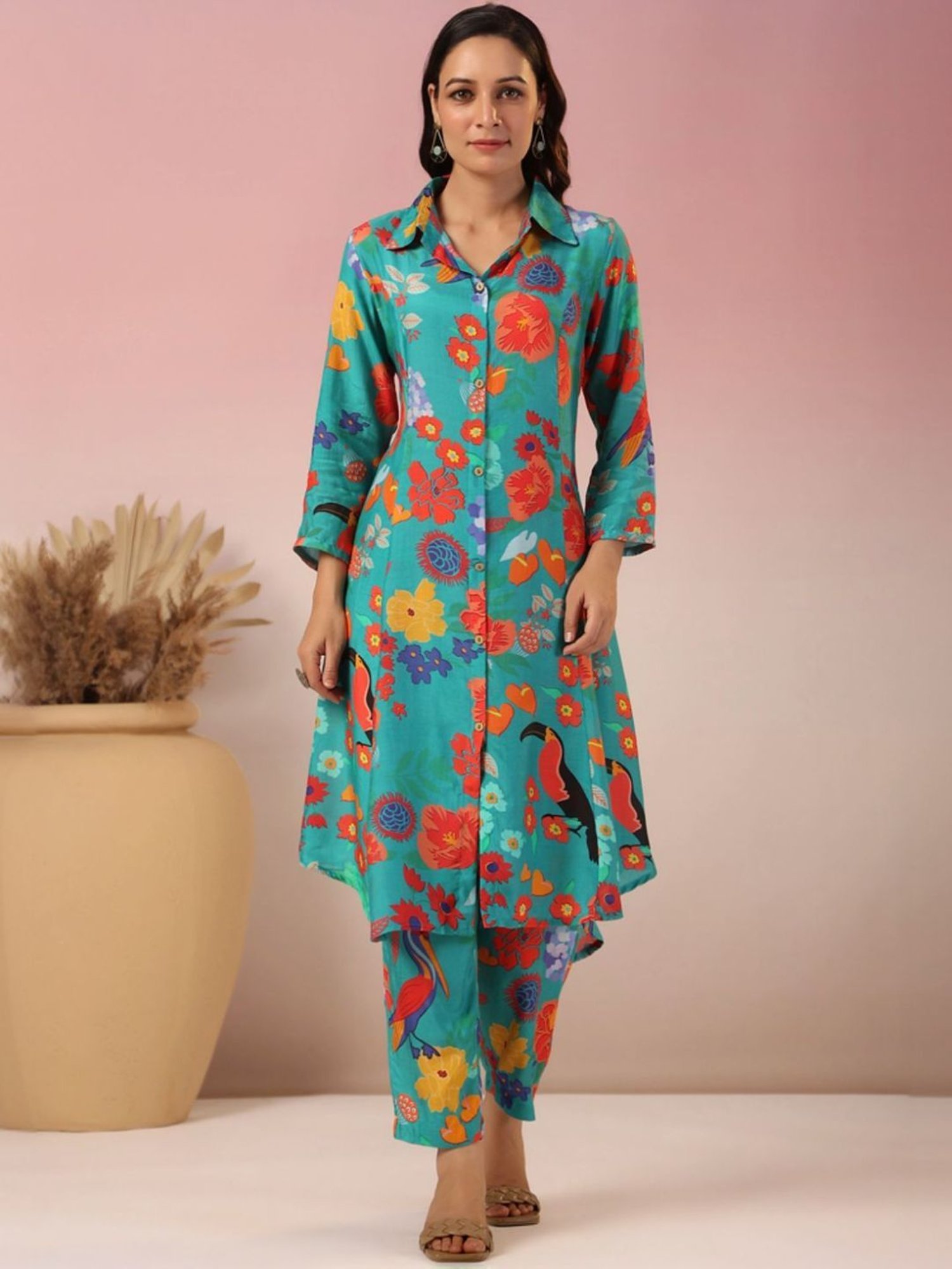 Autumnlane Green Dhwani Pine Digital Print Tunic with Pant Co-Ord Set
