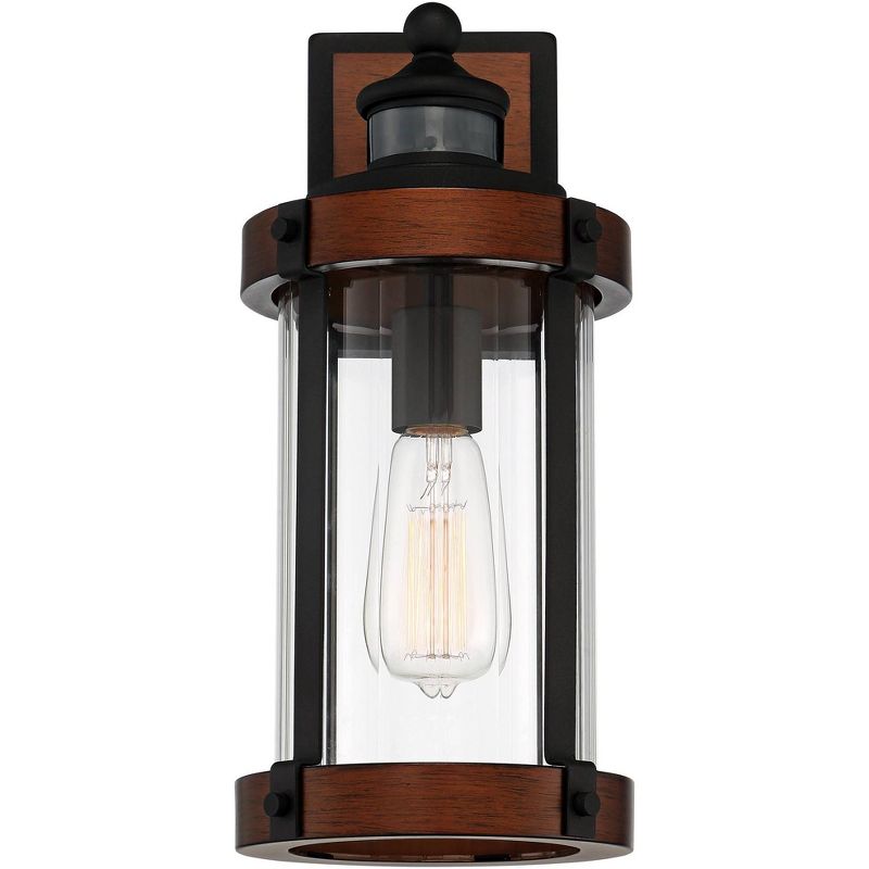 John Timberland Industrial Outdoor Wall Light Fixture Dark Wood Black 15 1/2" Motion Sensor Clear Glass for Exterior House Porch