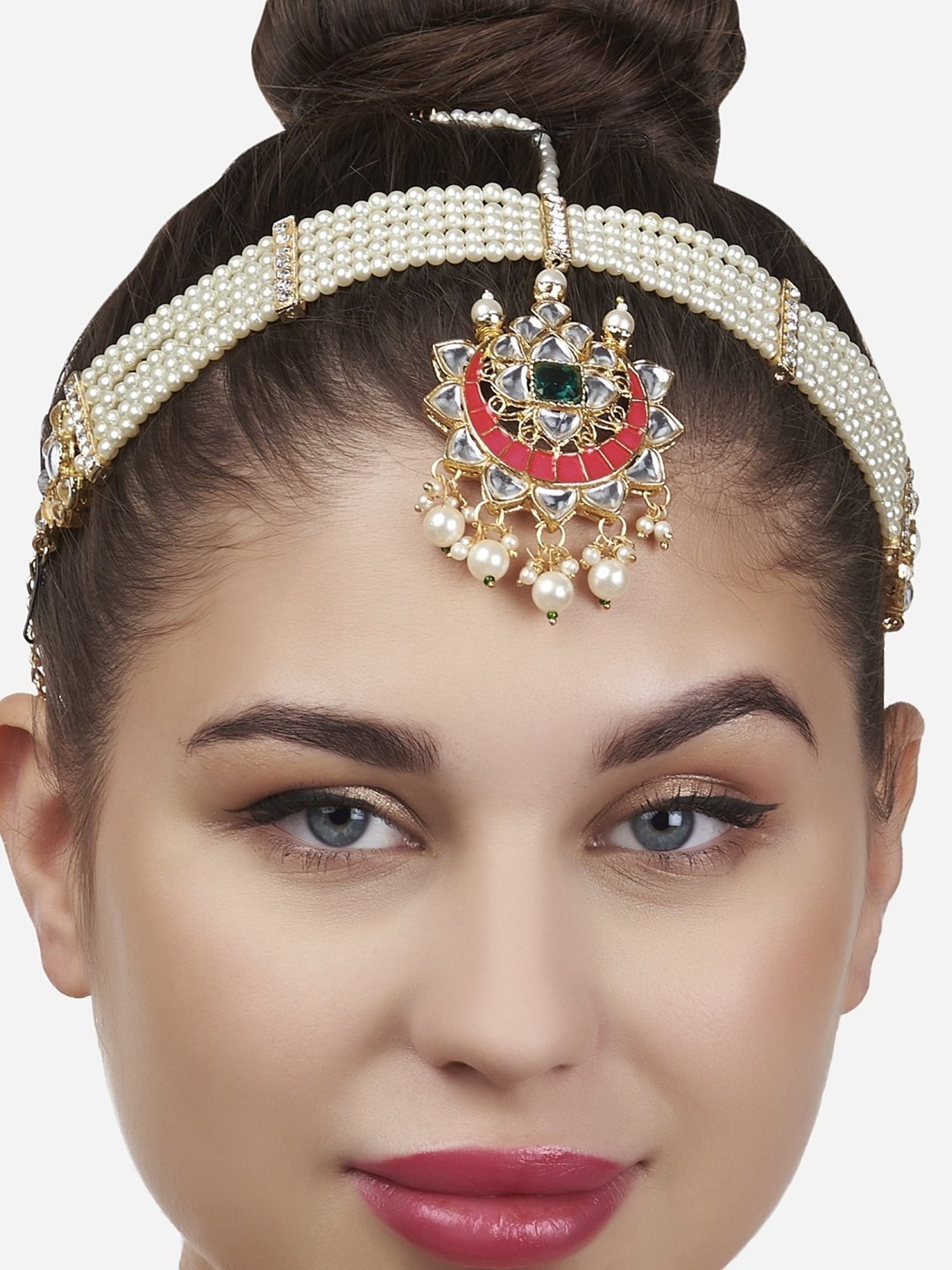 Zaveri Pearls Pink Meenakari Crescent Bridal Kundan Multistrand Pearls MathaPatti-ZPFK13195