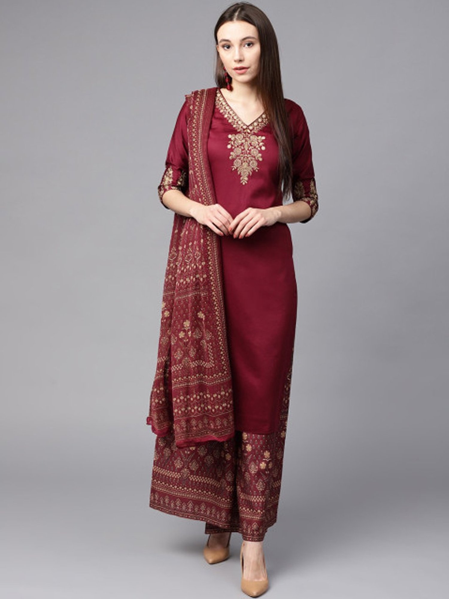 Saree Mall Maroon Embroidered Dress Material