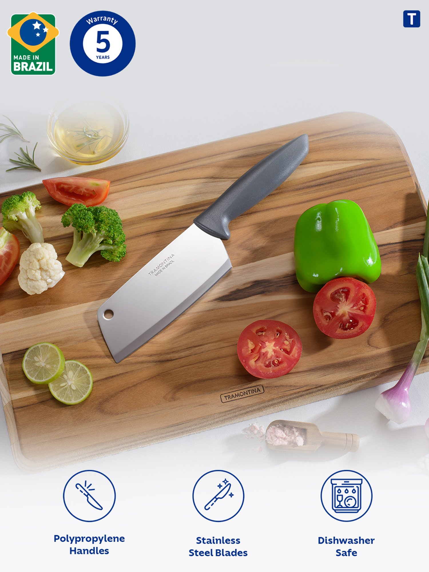 Tramontina Plenus Stainless Steel Cleaver Knife 12cm/4.7 Grey Plain Edge Kitchen Knife