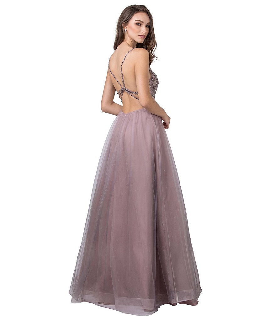 Coya Collection Spaghetti Strap Cage-Back Beaded Ombre Mesh Ball Gown