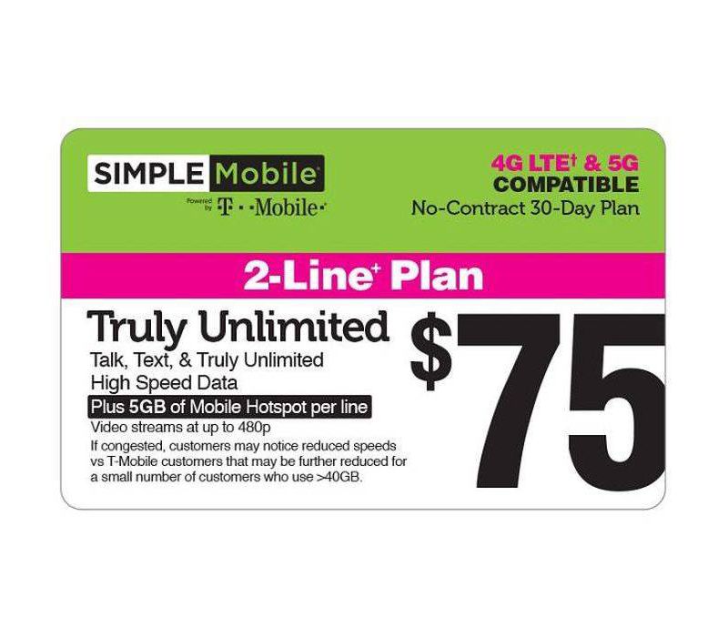 Simple Mobile Prepaid 2 Line - $75