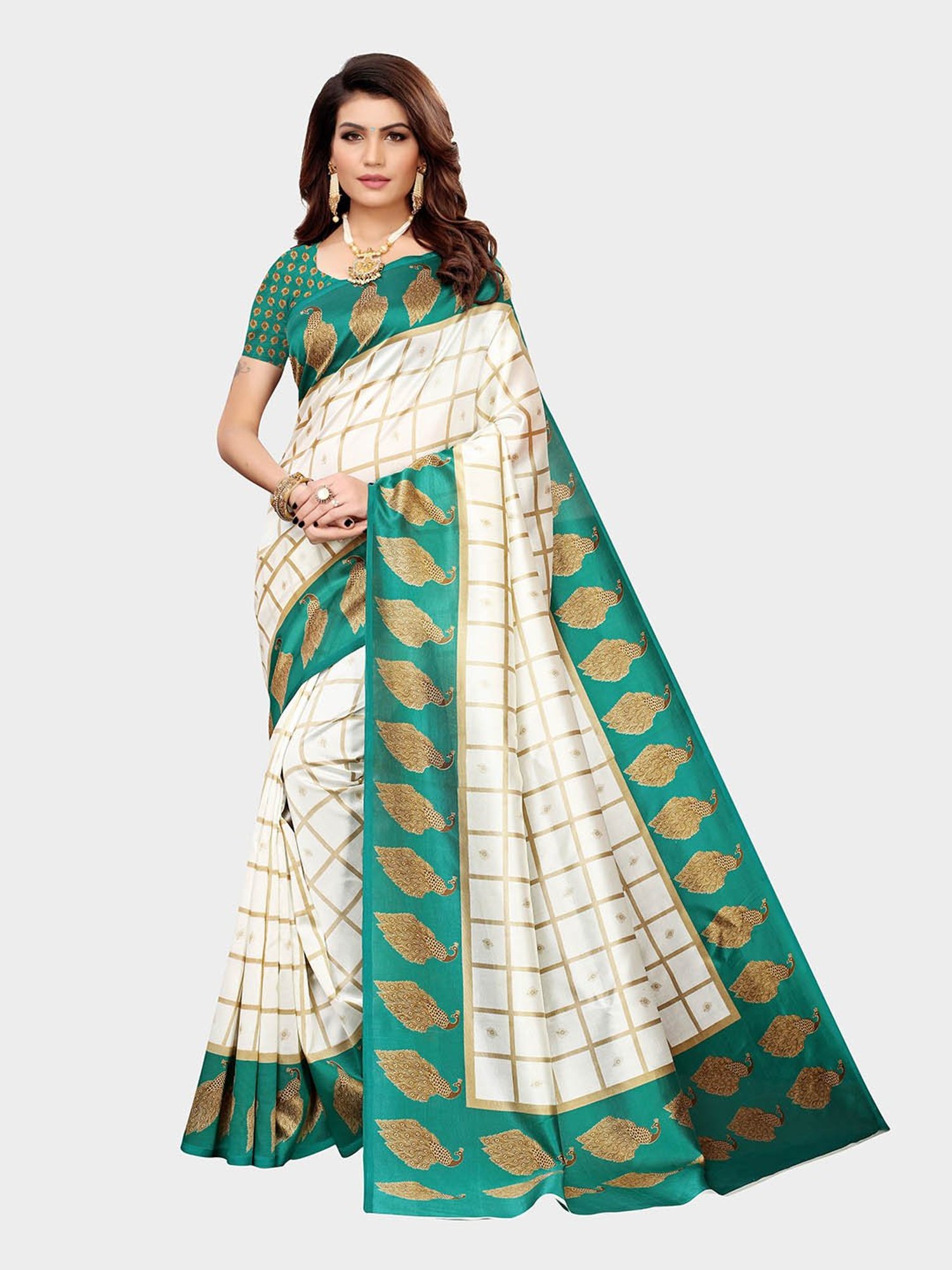 KSUT Ivory & Turquoise Check Saree With Blouse