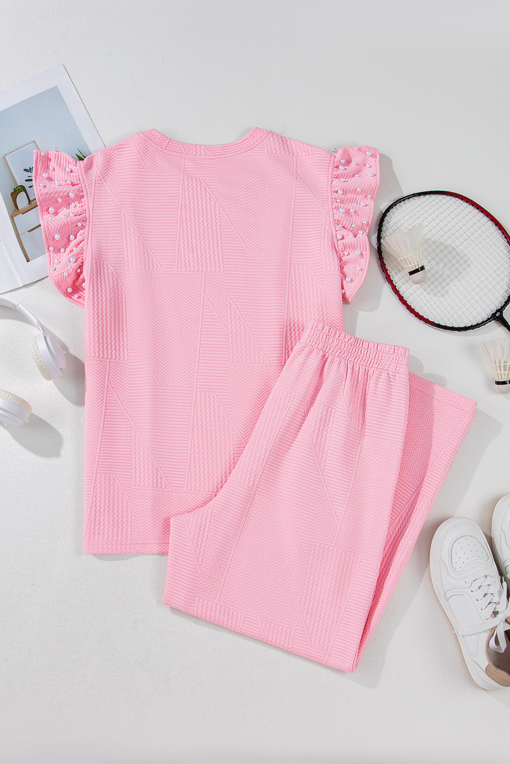 Green Solid Color Quilted Long Sleeve Top and Wide Leg Pants Set