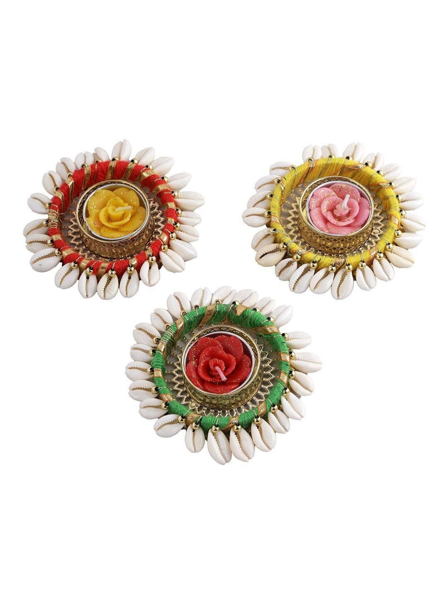 Aapno Rajasthan Multicolor Metal Embellished Diya With Wax - Set of 3