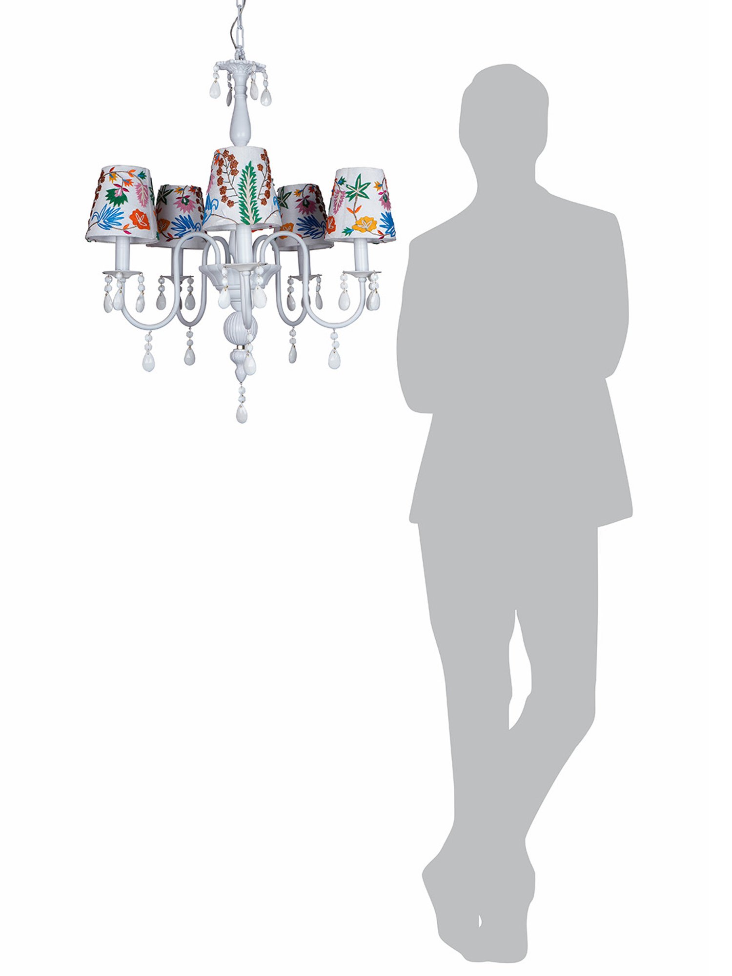 FOS LIGHTING Sparkling Blooms White Mild Steel 5 Light Chandelier with Embroidered Florals