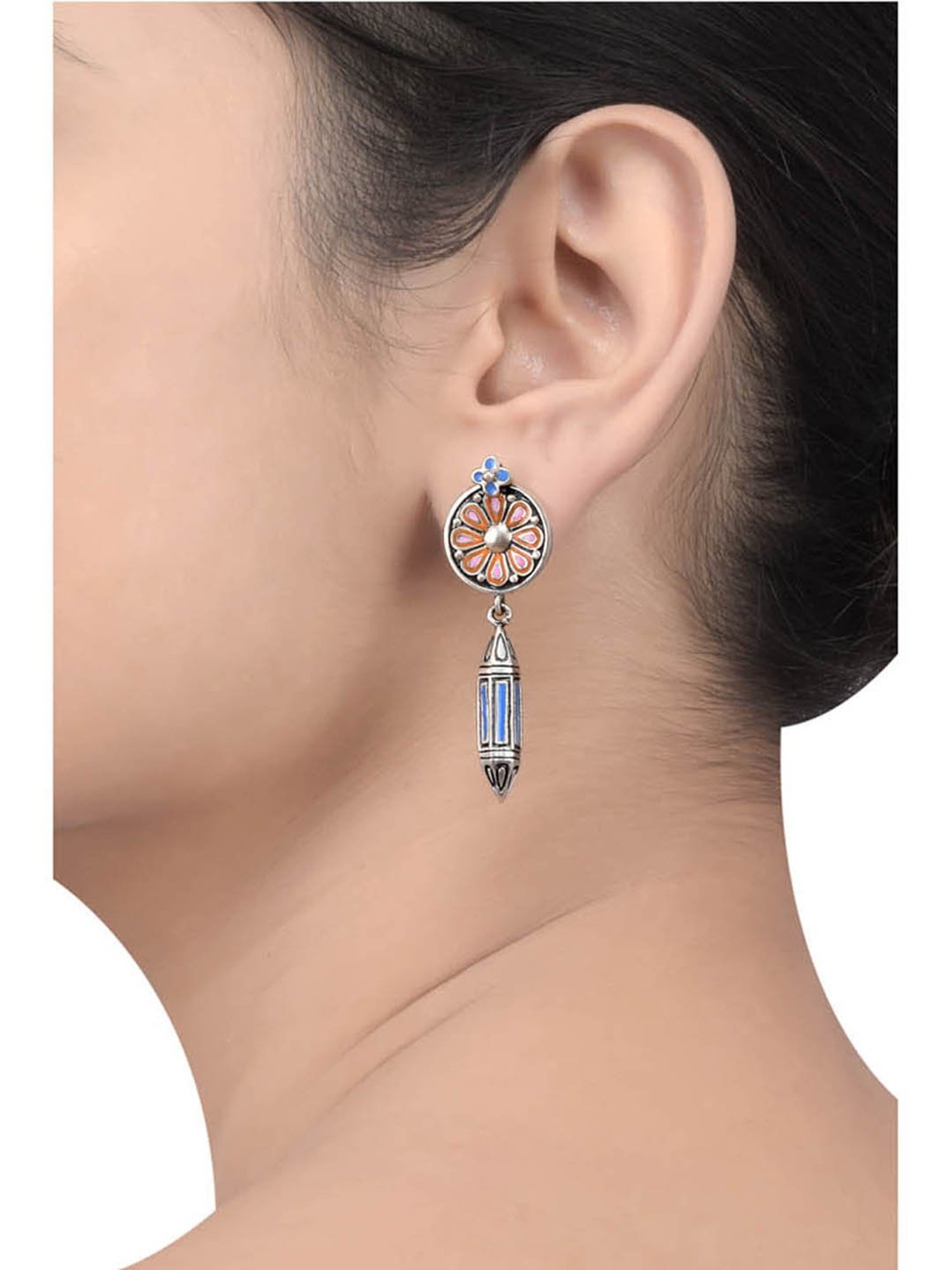 Tribe Amrapali Pink & Blue Flower Chandrika Taveez Drop Earrings