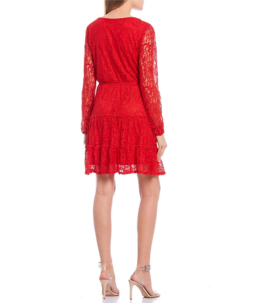 City Vibe Long-Sleeve Surplice V-Neck Lace Tiered Faux-Wrap Dress