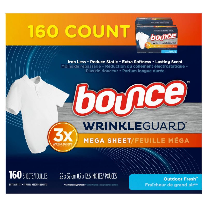 Bounce WrinkleGuard Outdoor Fresh Scent Fabric Softener and Wrinkle Releaser Mega Dryer Sheets - 160ct