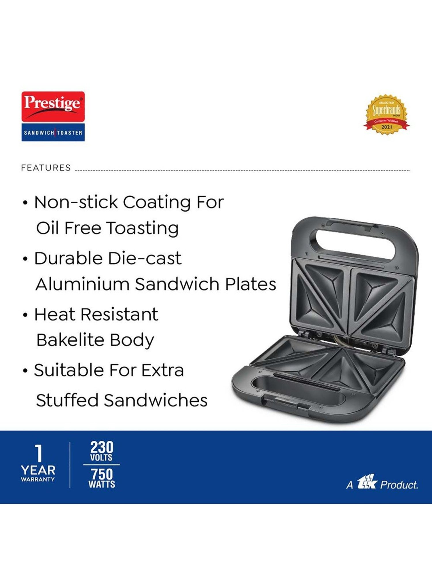 Borosil Sandwich Maker 2000W with Non stick coating (Black)