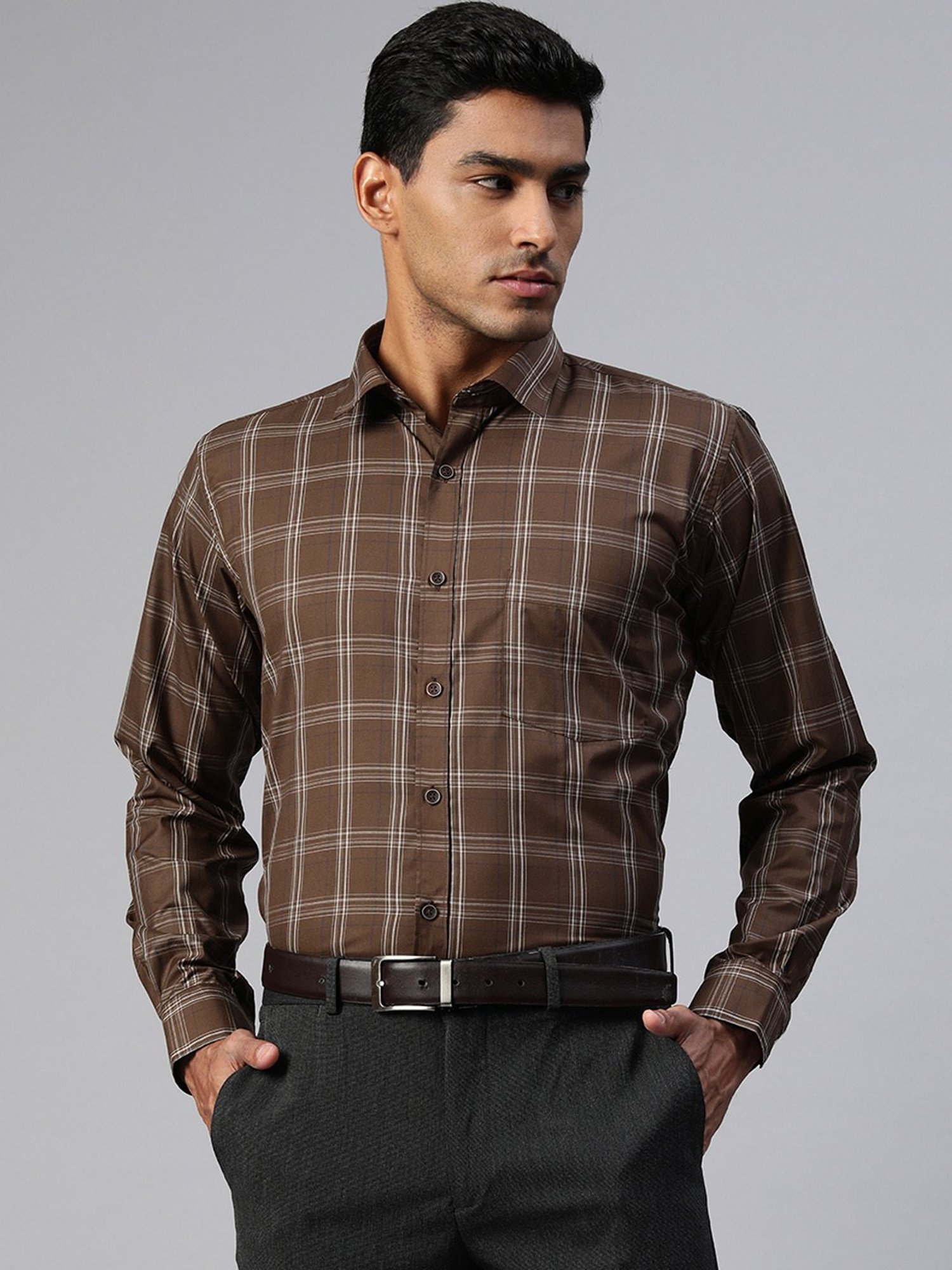 ManQ Dark Brown Regular Fit Check Shirt
