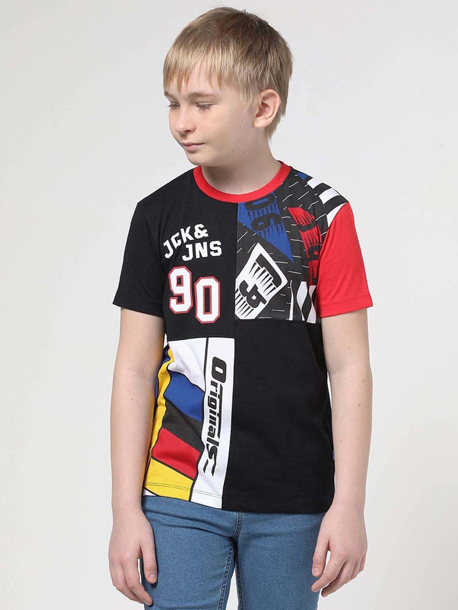 Jack & Jones Junior Black Cotton Printed T-Shirt