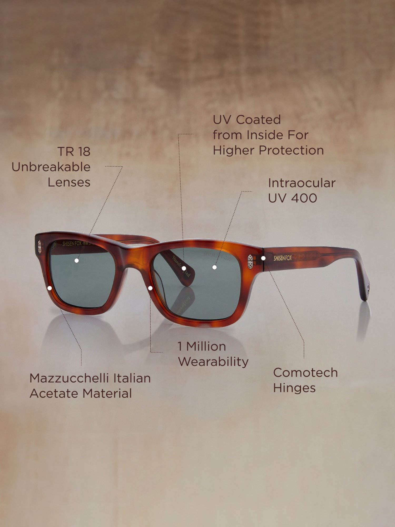 Shisen Fox Gazo Havana Rectangular Unisex UV Protection Sunglasses -52 mm