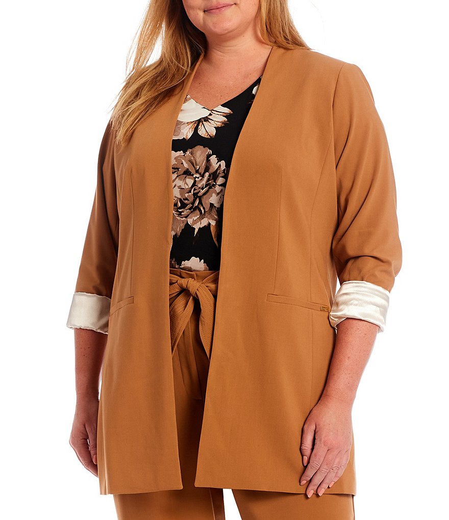 Calvin Klein Plus Size Lux Stretch Woven Suiting Contrast Lining Rolled Cuff Open-Front Long Jacket