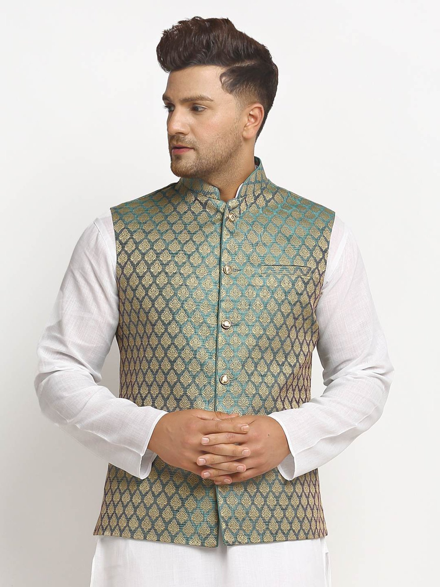 Treemoda Sapphire Blue Regular Fit Self Pattern Nehru Jacket