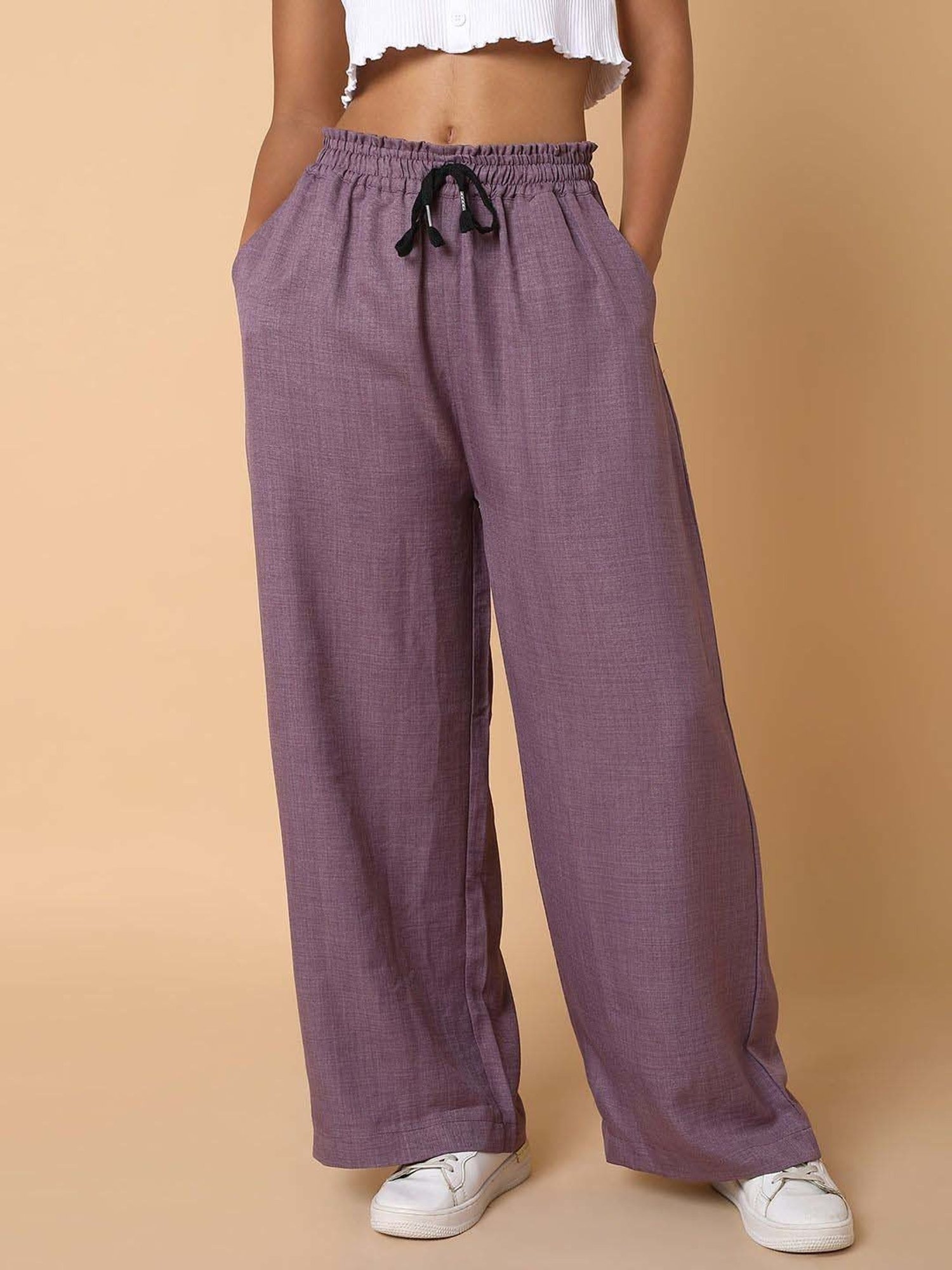SHOWOFF Purple Cotton Mid Rise Flared Pants
