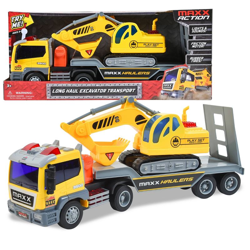 Maxx Action Lights & Sounds Construction Excavator Semi Truck and Trailer Transport