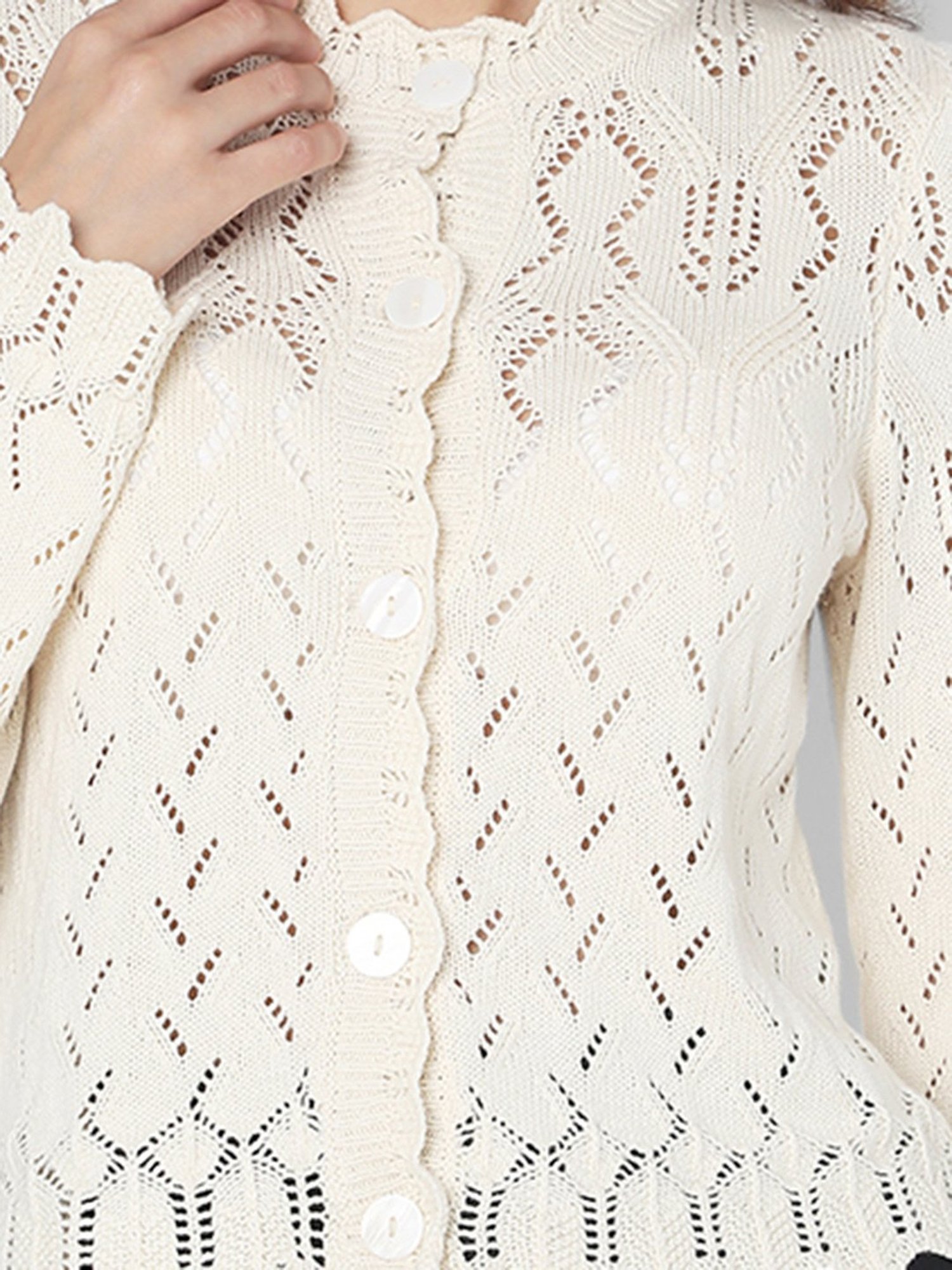 Vero Moda Beige Cotton Self Design Cardigan