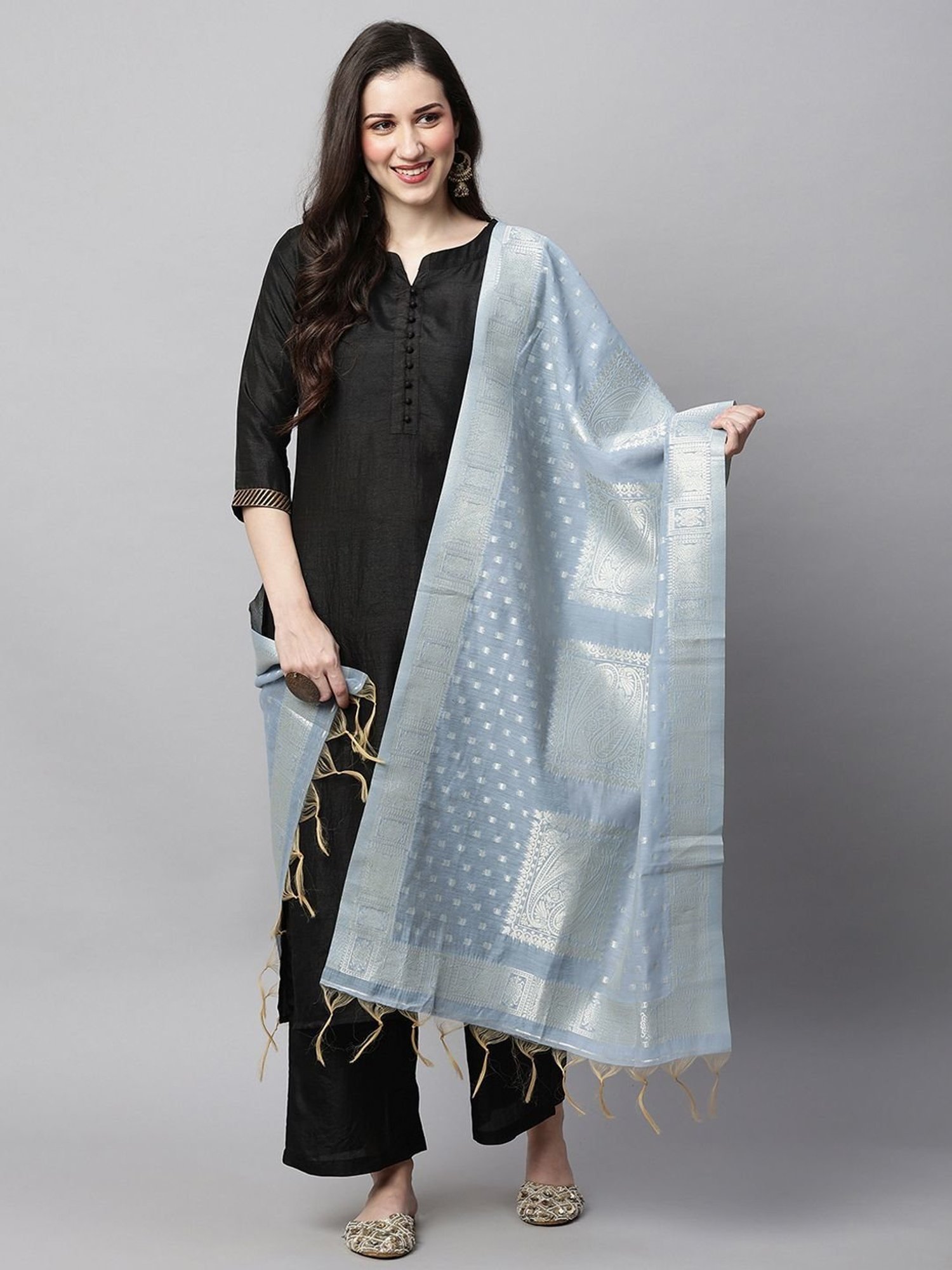 Indo Era Blue Woven Pattern Dupatta