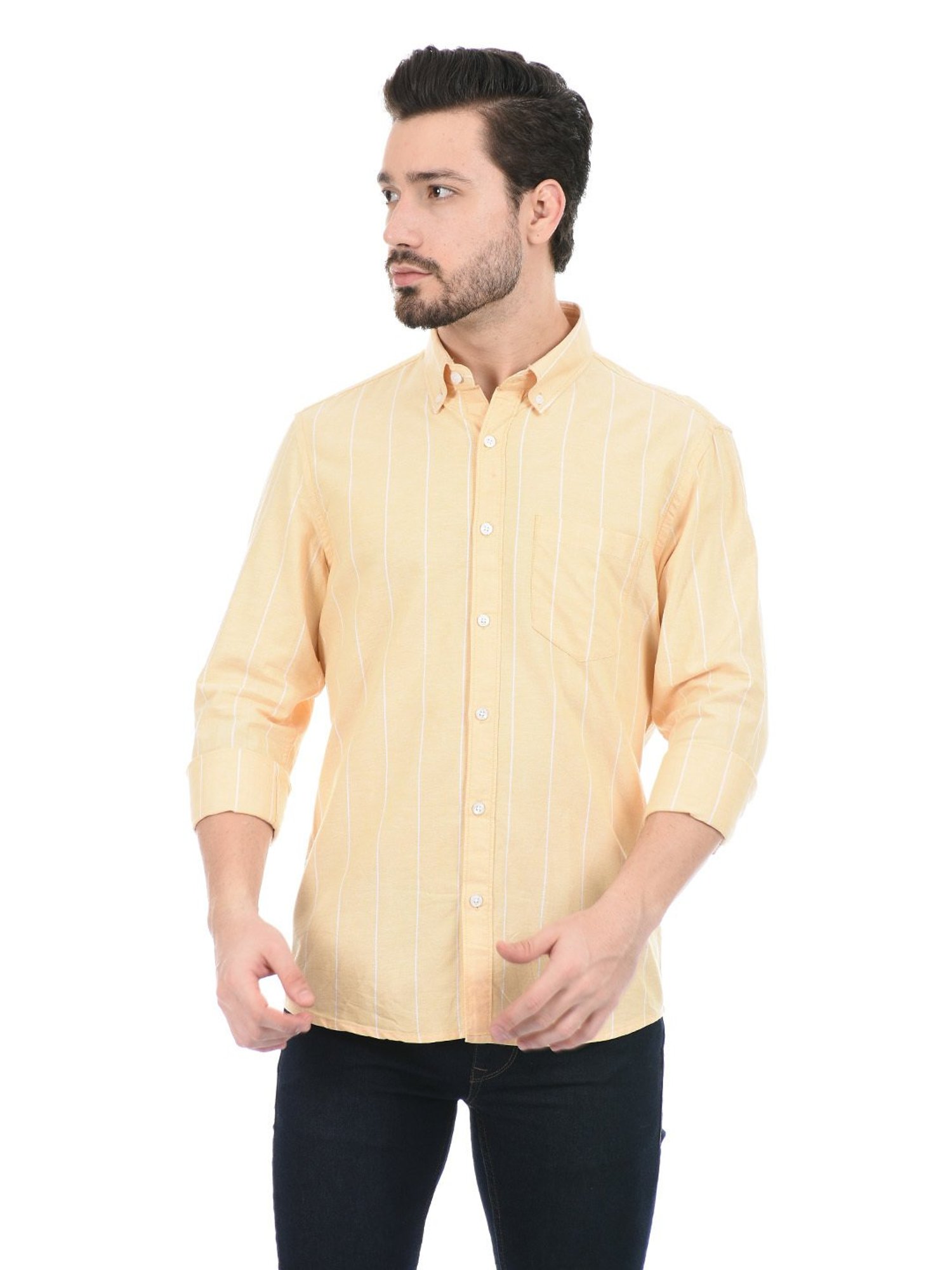 London Fog Light Yellow Regular Fit Striped Cotton Shirt