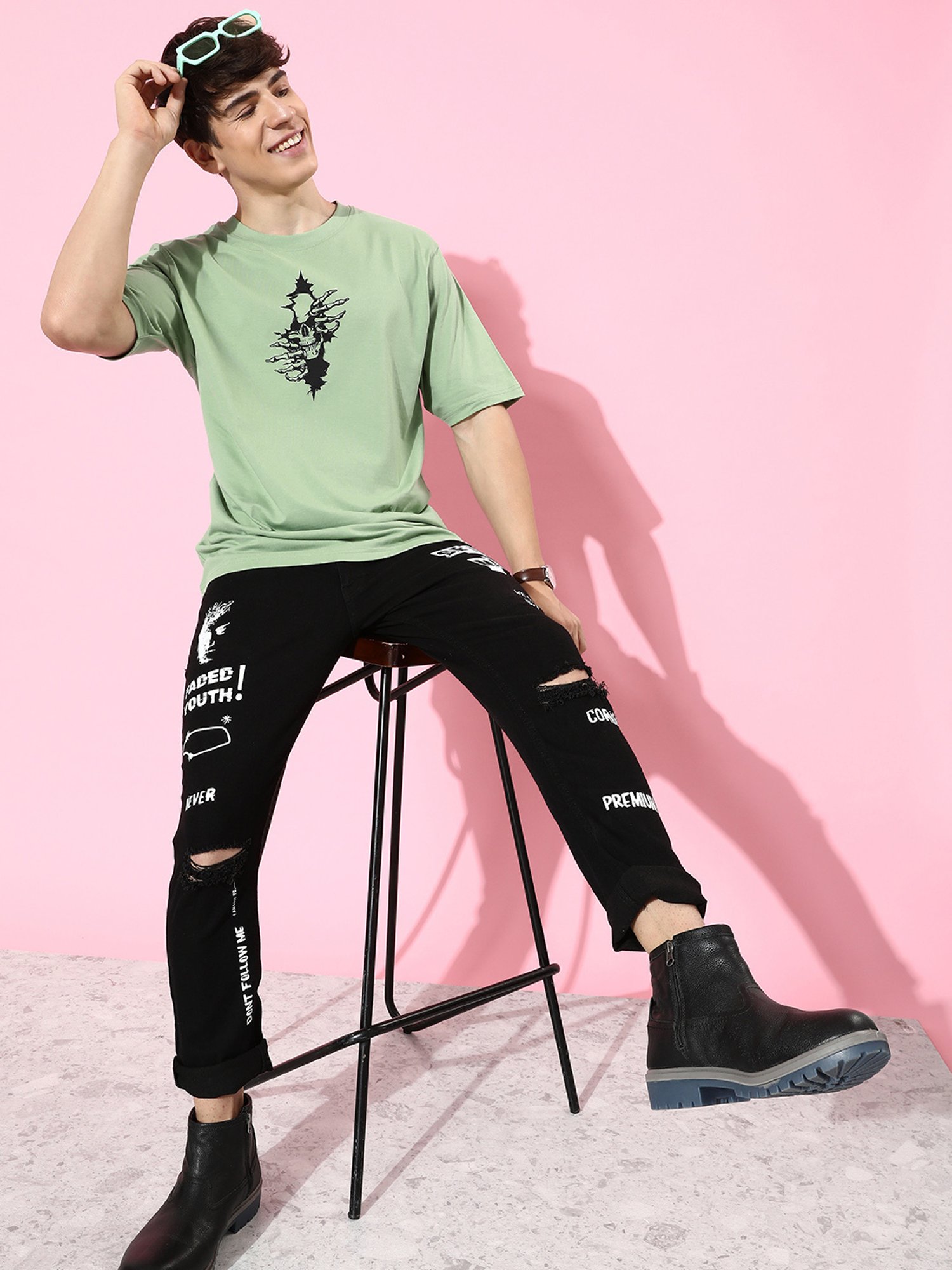 Difference of Opinion Pista Green Loose Fit Graphic Print Oversized Cotton Crew T-Shirt