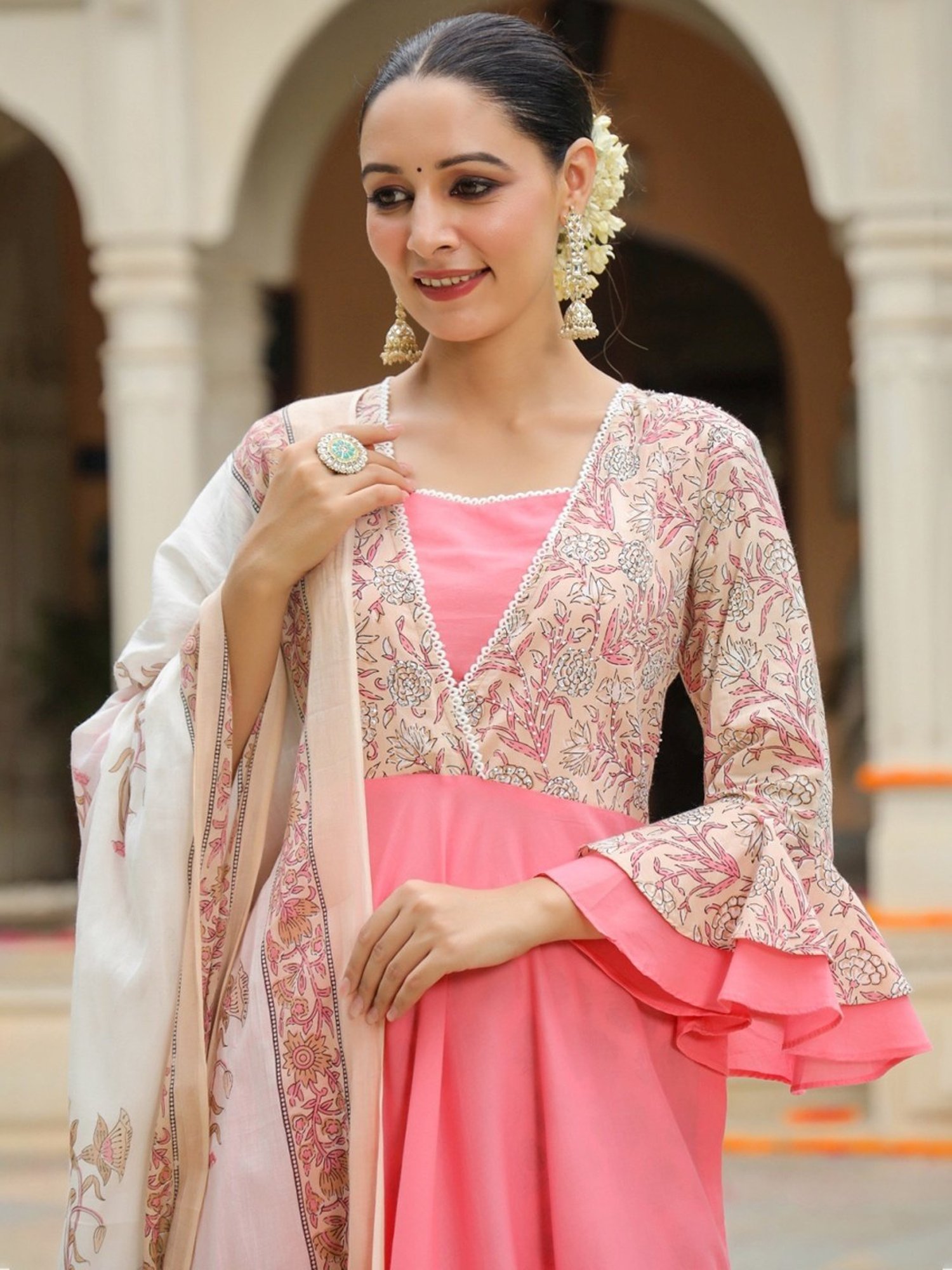 Rain and Rainbow Pink & Beige Cotton Floral Print Kurta Palazzo Set With Dupatta