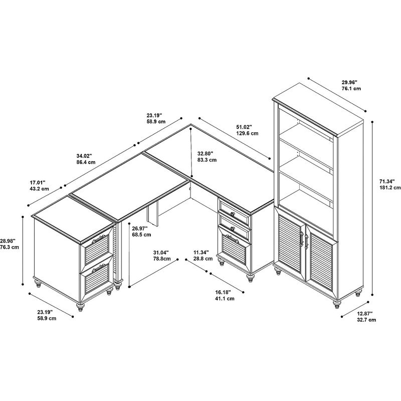 Office by kathy ireland 51W L Shaped Desk w/ Bookcase and File Cabinet Coastal Cherry ALA172CC