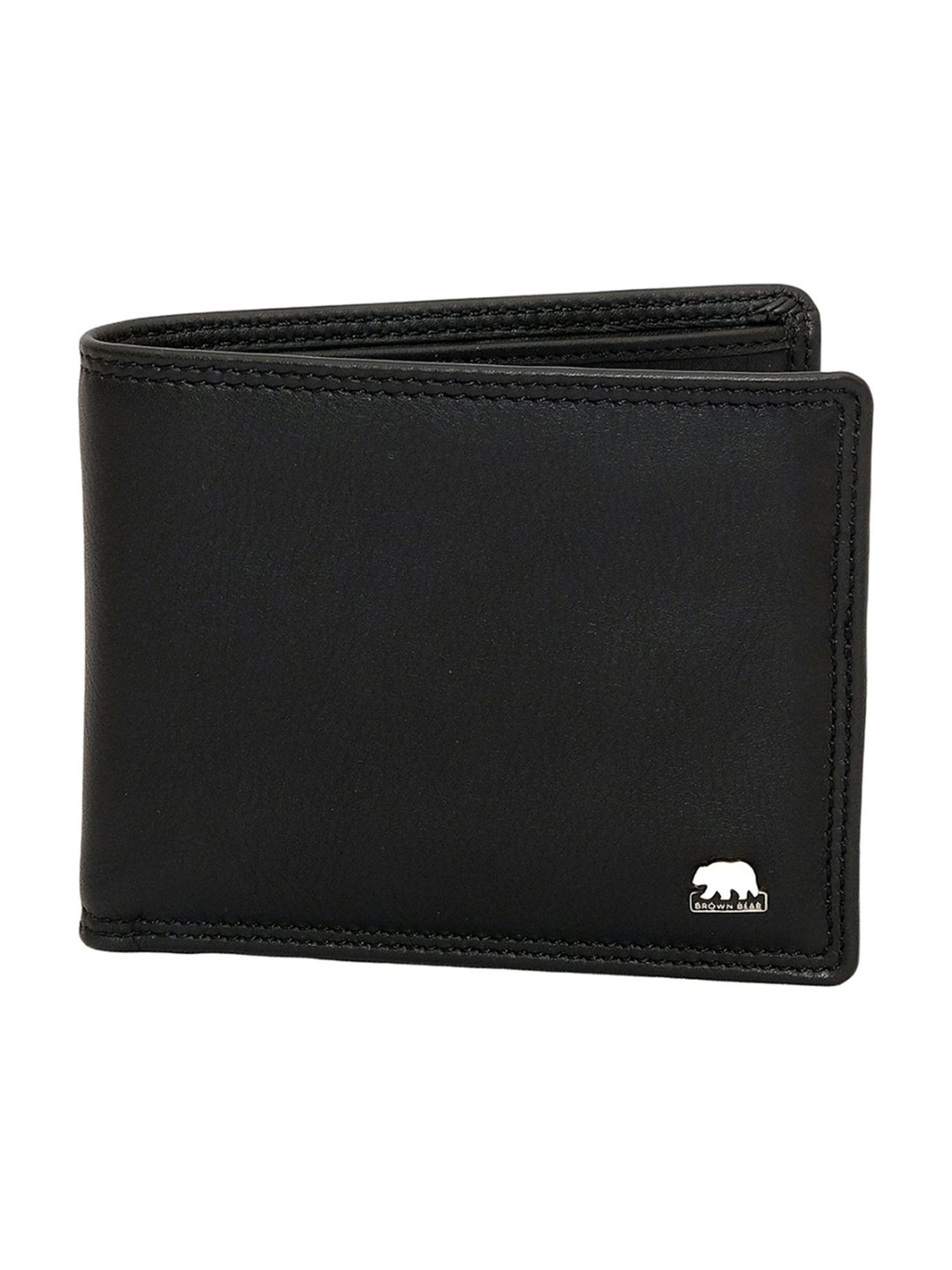 BROWN BEAR Black Leather Slim Bi-Fold Wallet for Men