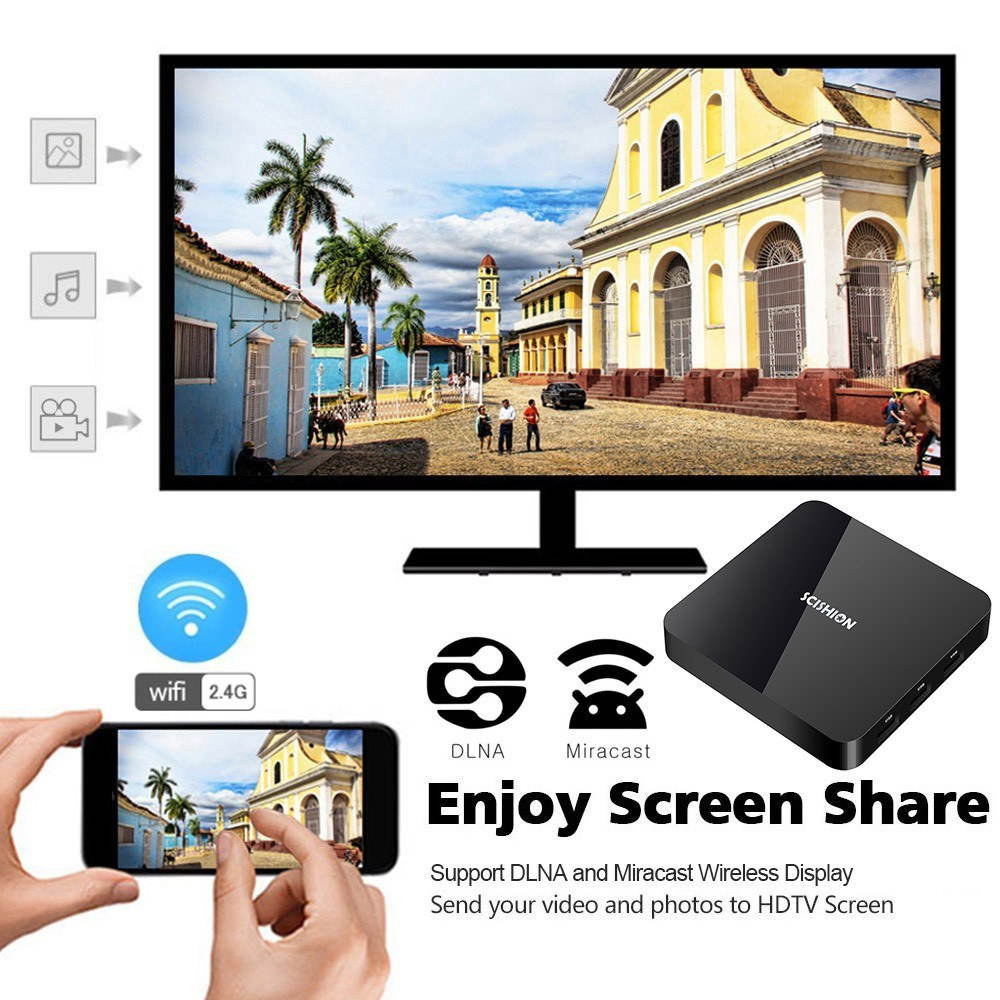 SCISHION AI TWO Smart Android 9.0 TV Box RK3328 Quad-core UHD 4K VP9 H.265 4GB+32GB 2.4G Wi-Fi BT4.0 HD Media Player LED Display Screen Video Player US Plug