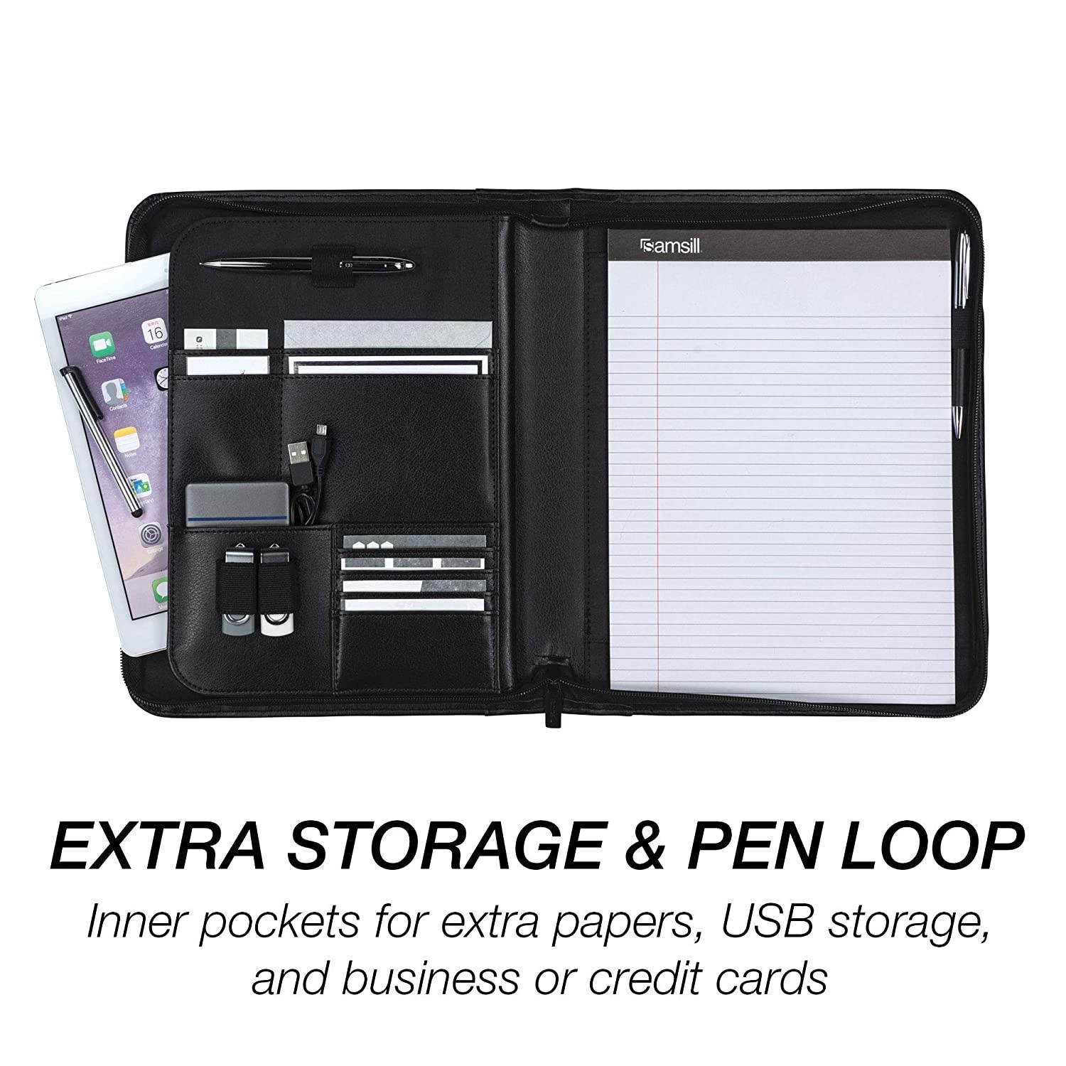 Samsill Executive Padfolio with Spine Accent - Resume Portfolio/Business Portfolio with Secure Zippered Closure, 10.1-inch Tablet Sleeve, Expandable Document Organizer & Writing Pad, Black