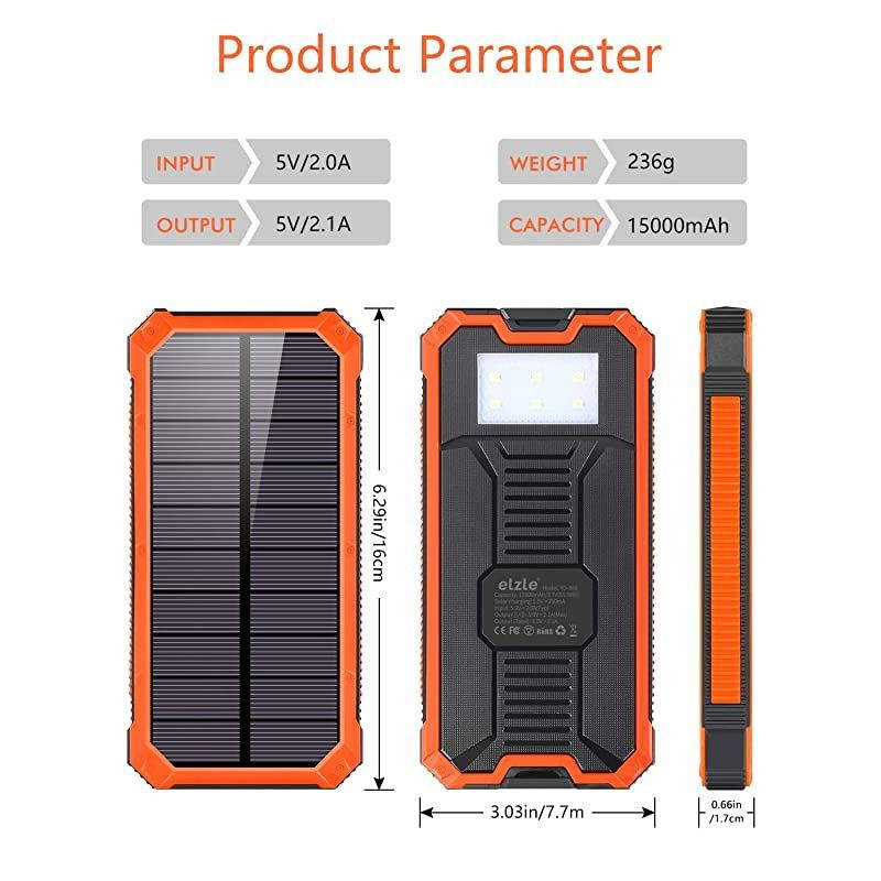 Portable Charger Power Bank 15000mAh,  Solar Charger, Solar Power Bank Battery Pack, high Speed Charging Solar Phone Charger for iPhone, Samsung and More. Black