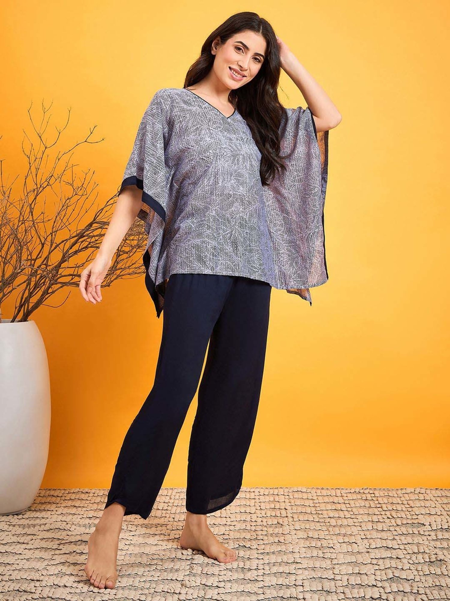 The Kaftan Company Grey Cotton Printed Top Pant Set