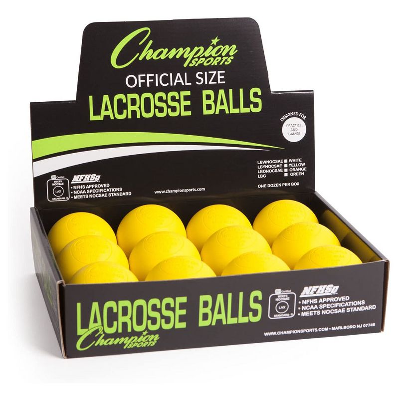 Champion Sports 12 Pack Official Size Molded Rubber Bulk Lacrosse Regulation Balls for Indoor or Outdoor Gameplay and Practice, Yellow