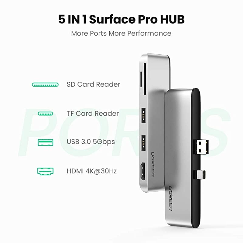 Docking Station for Surface Pro 6 5 4 Aluminum USB 30 Hub Adapter 5 in 1 with Mini Displayport to HDMI 4K Dual USB 30 Ports SD TF Card Reader