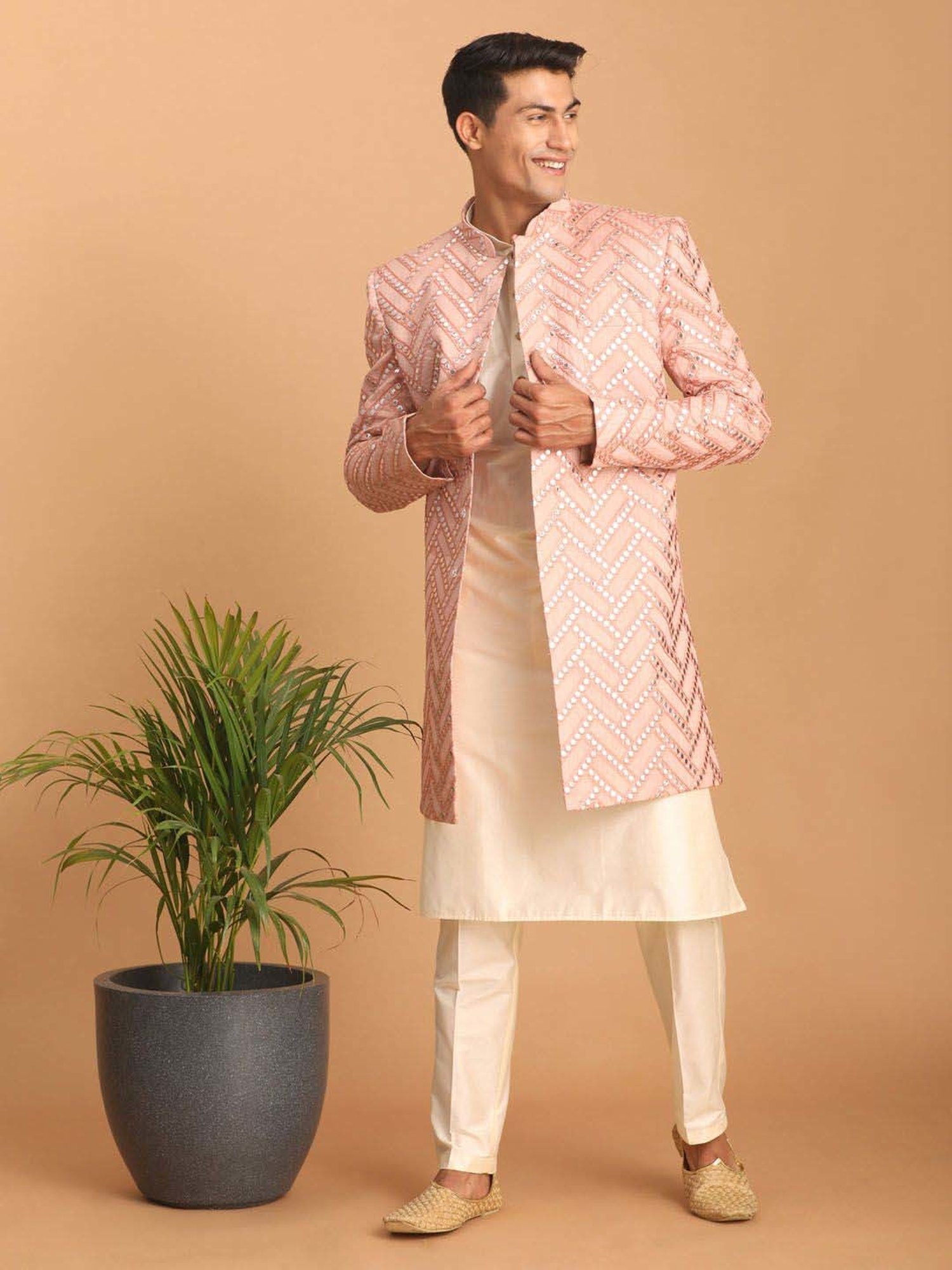 Hangup Plus Beige & Black Regular Fit Printed Sherwani Set