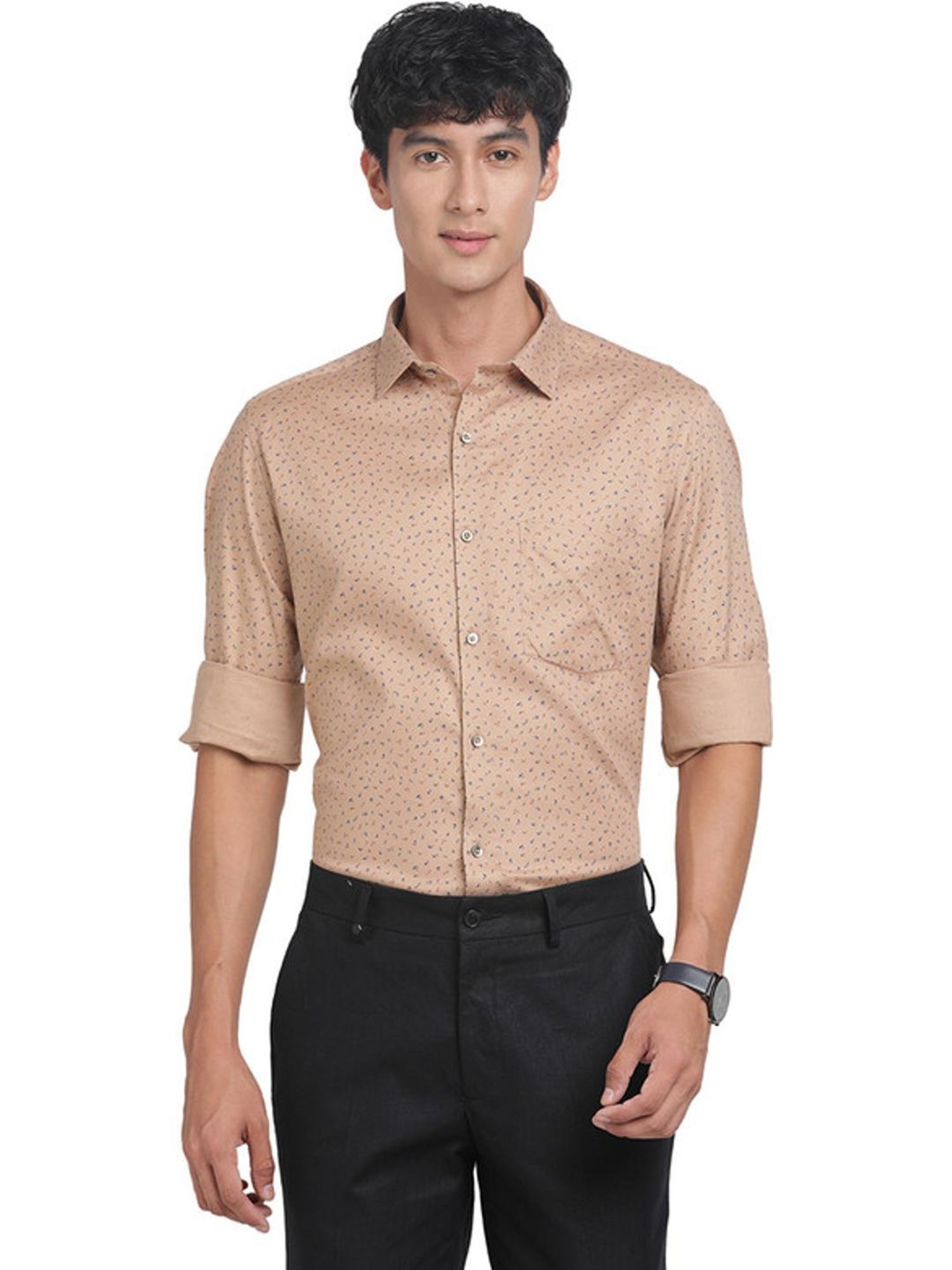 Turtle Beige Cotton Regular Fit Printed Shirt