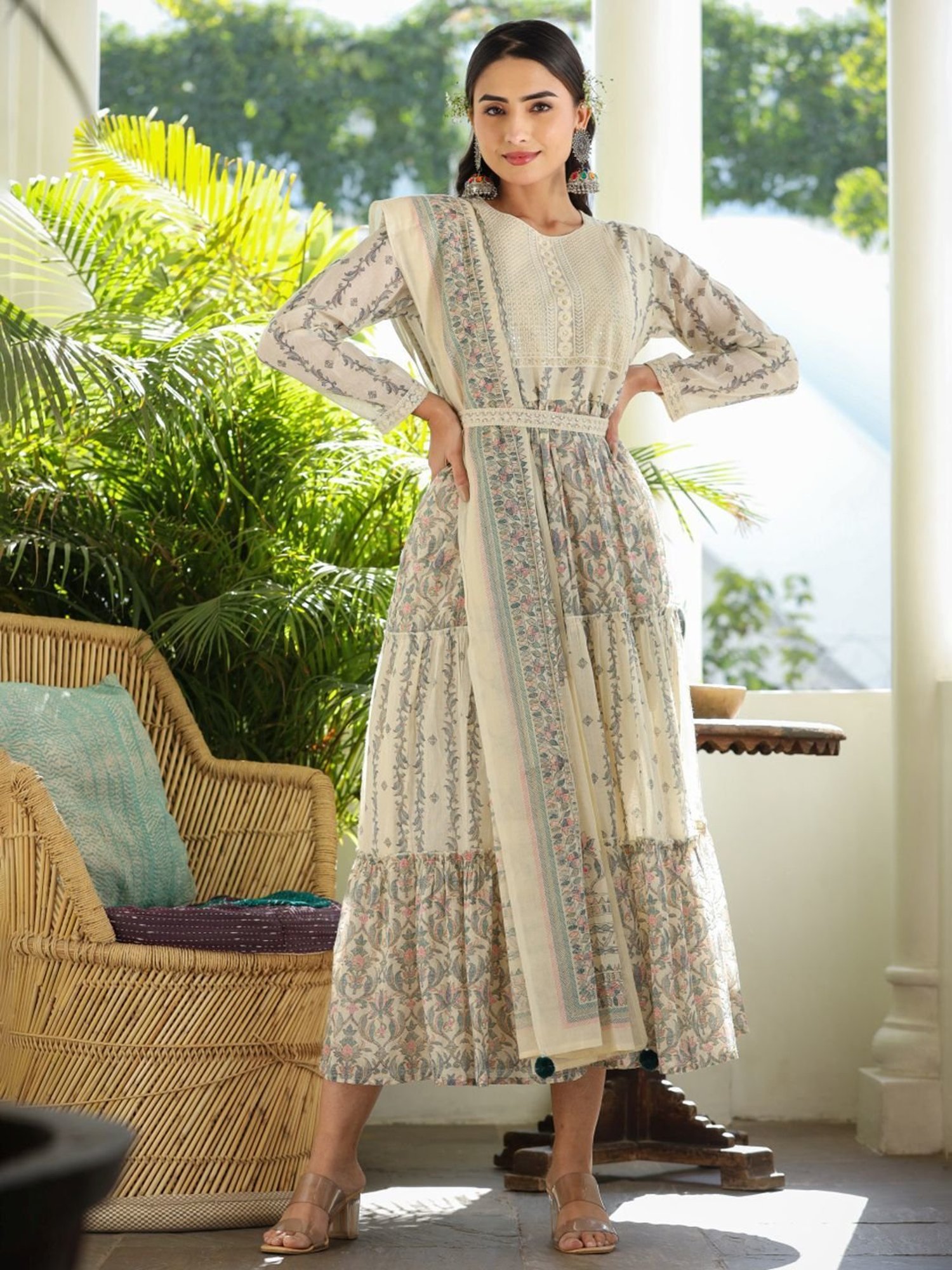 Zolo Label Cream Cotton Embroidery A-Line Dress With Dupatta