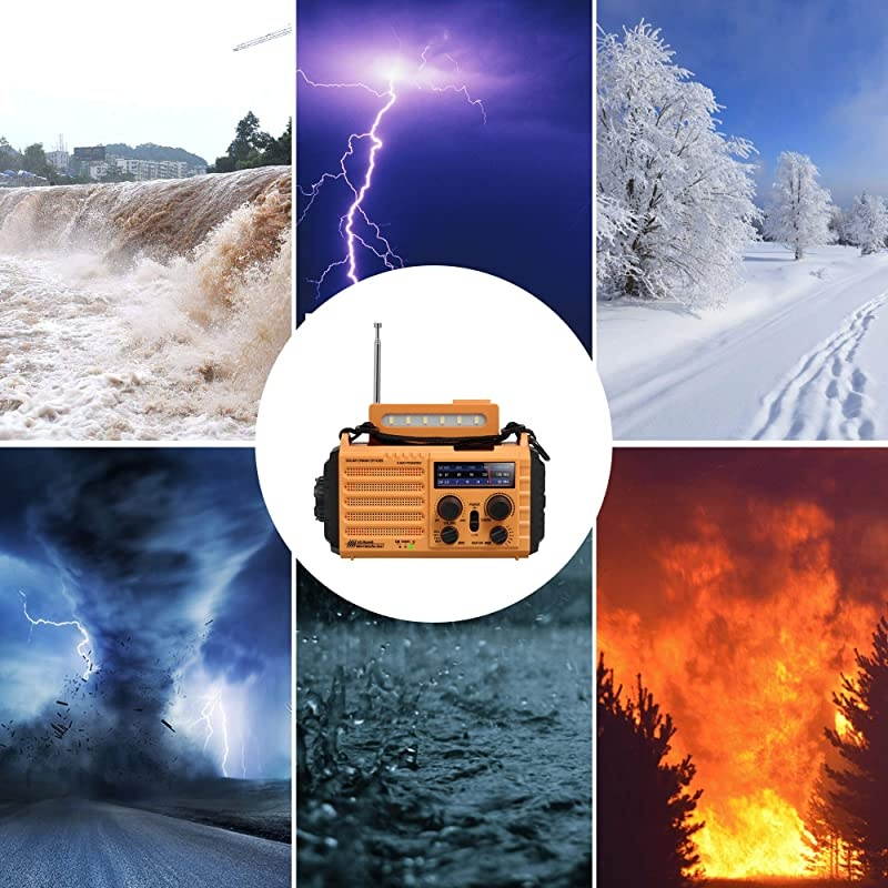Weather Radio for Household Outdoor Emergency Portable AMFM SW Radio 5 Way Powered SolarHand Crank2000mAh Rechargeable Power BankUSB Charger LED Flashlight Reading Lamp Compass Strap