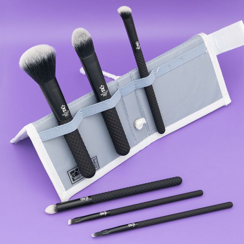 MODA Brush Pro 7pc Total Face Black Tavel Sized Makeup Brush Set with Travel Flip Case, Includes - Powder, Foundation, Angle Shader, and Brow/Liner Brushes